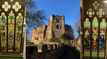 A picture of the front of Tamworth Castle with two images of stained glass either side