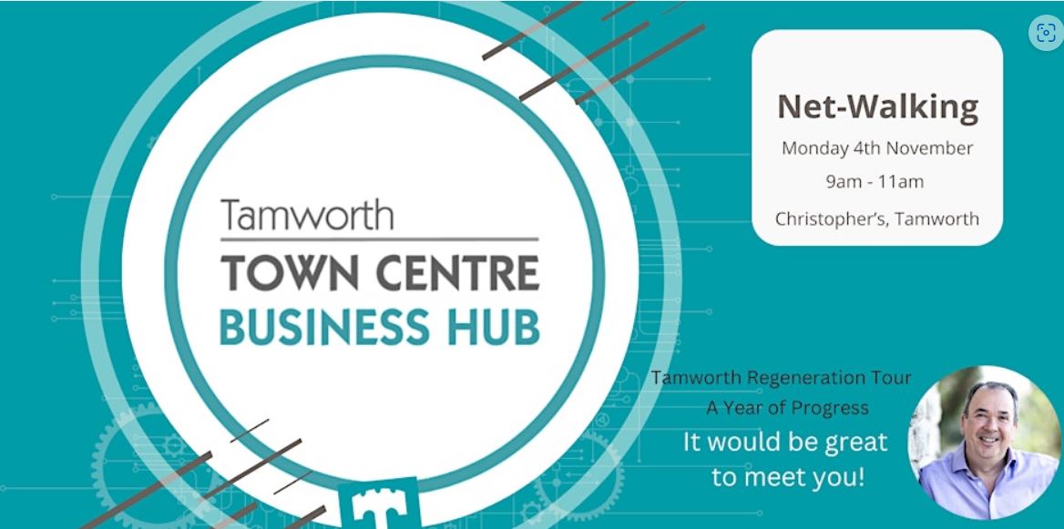 poster with teal background and a white circle with writing 'Tamworth town centre business hub'.