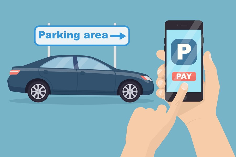 graphic with a green background, a dark car, signage saying 'parking area' and two hands holding a mobile phone with a P and 'pay' sign.