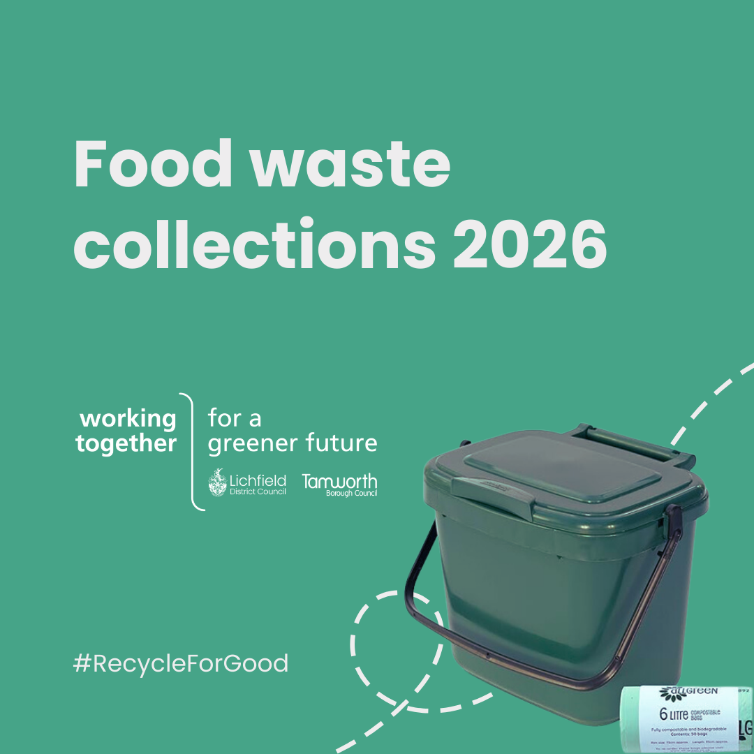 Graphic with a green background and a image of a small grey bin gaddy with the heading 'food waste collections 2026'.