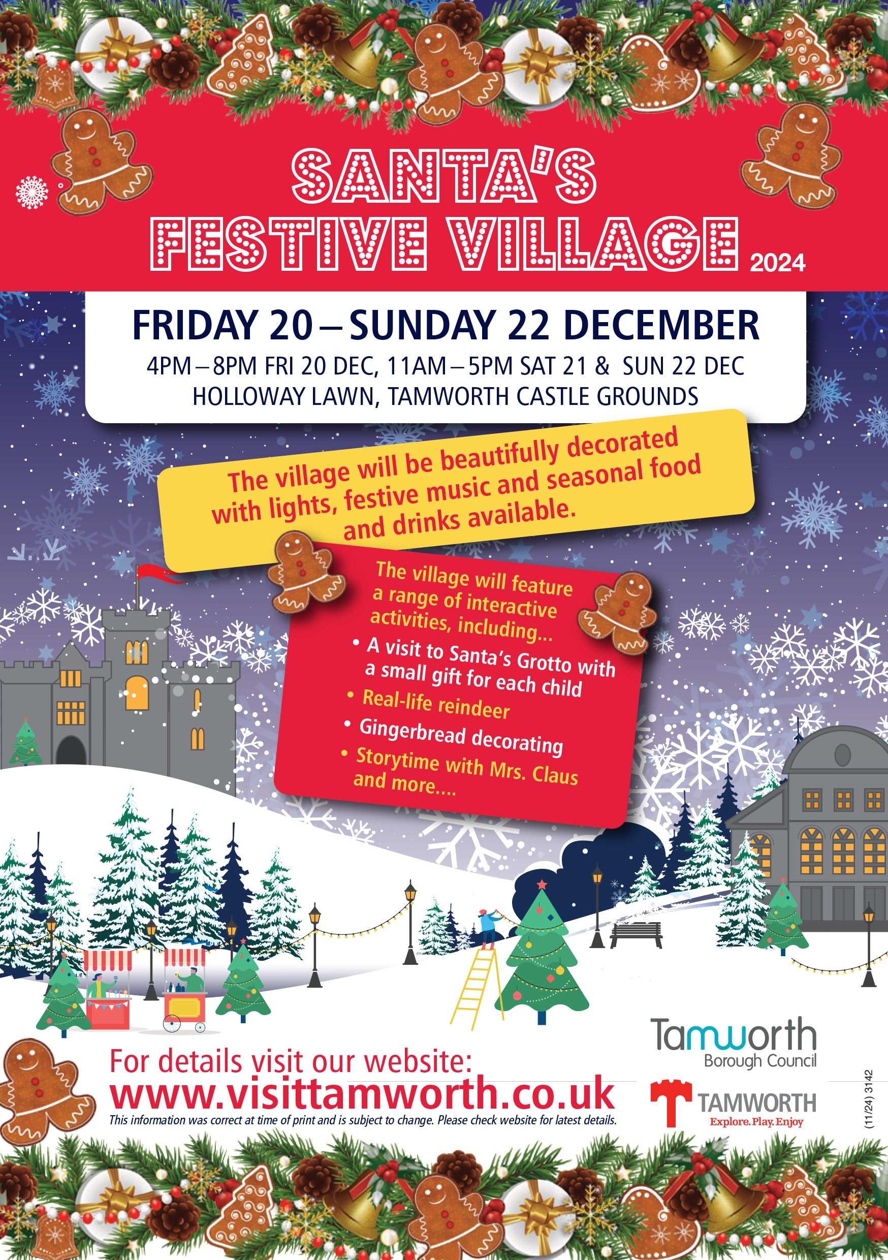 poster with a blue sky, snowy scene of Christmas trees, a castle and details of the festive village dates