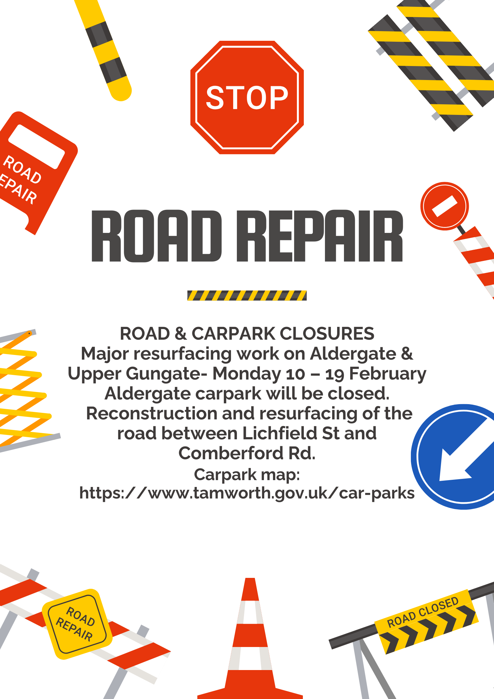 poster with stop sign and road repair dates