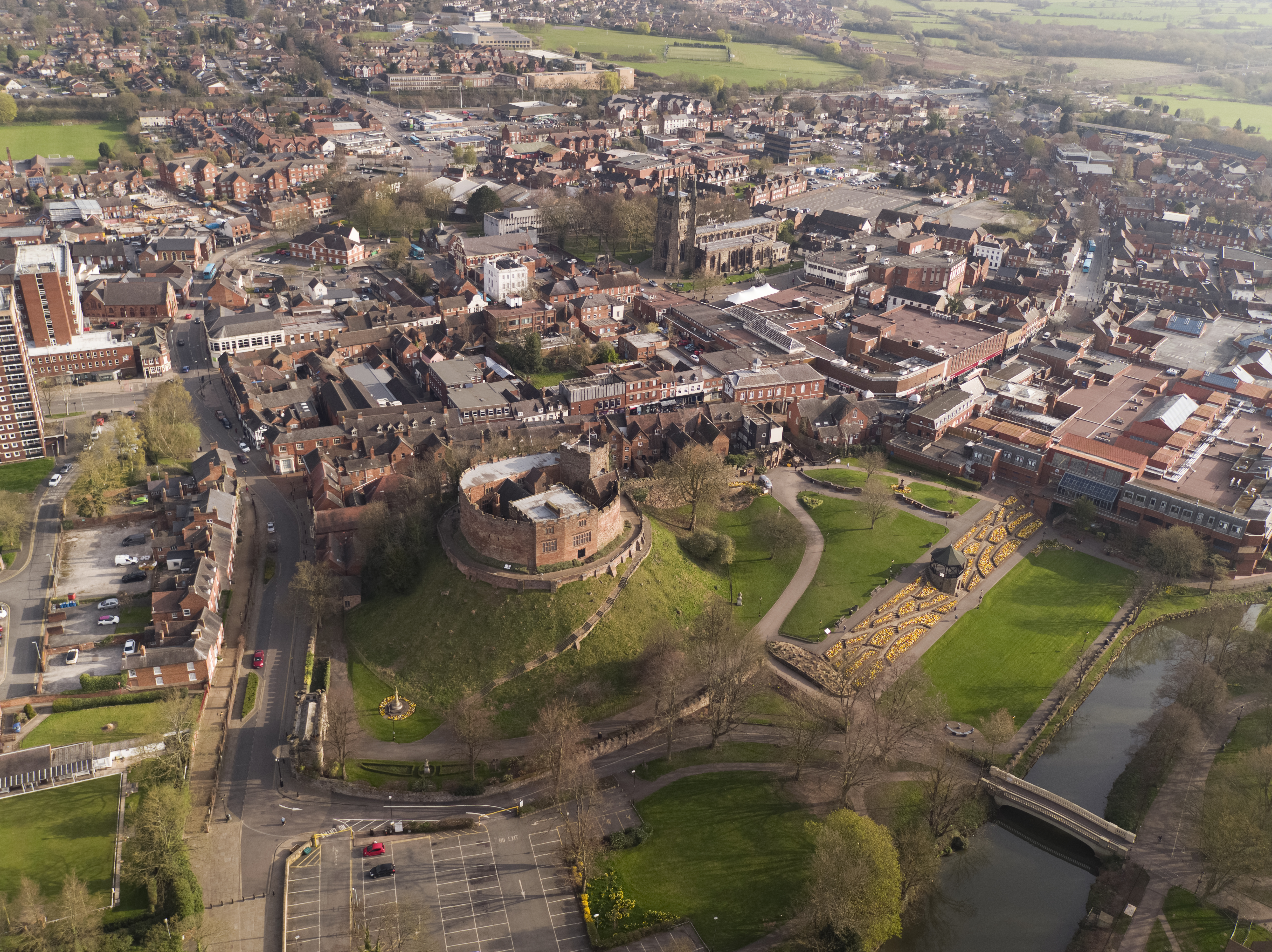 image of a birds eye view of a town centre with a castle