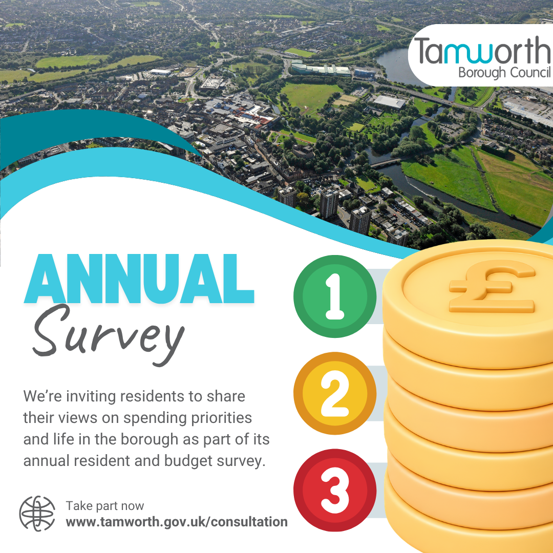 Graphic with an aerial view of Tamworth at the top, information about the annual survey below and then a graphic stack of coins and numbers 1,2,3 in traffic lights on the right
