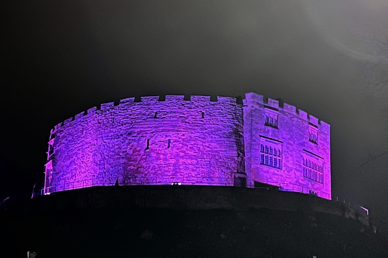 Tamworth Castle in the dark lit up purple