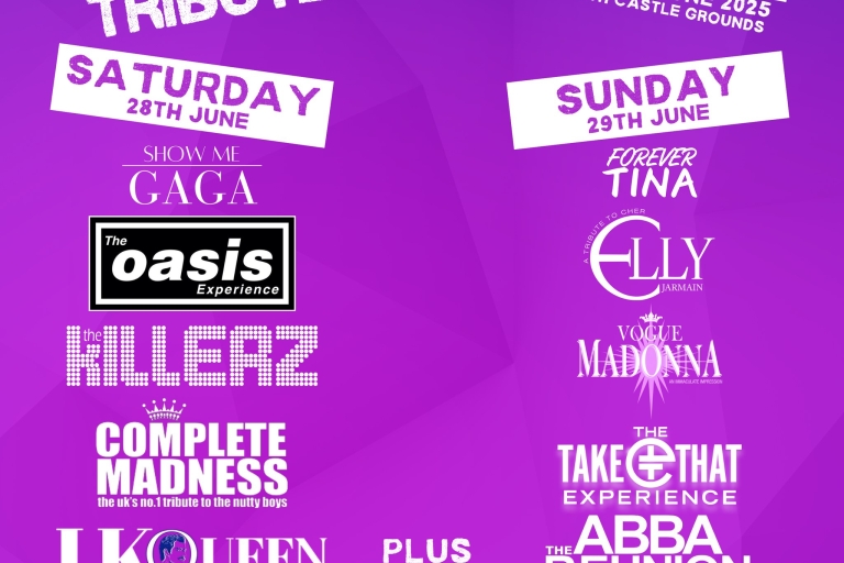 purple background poster with band names listed