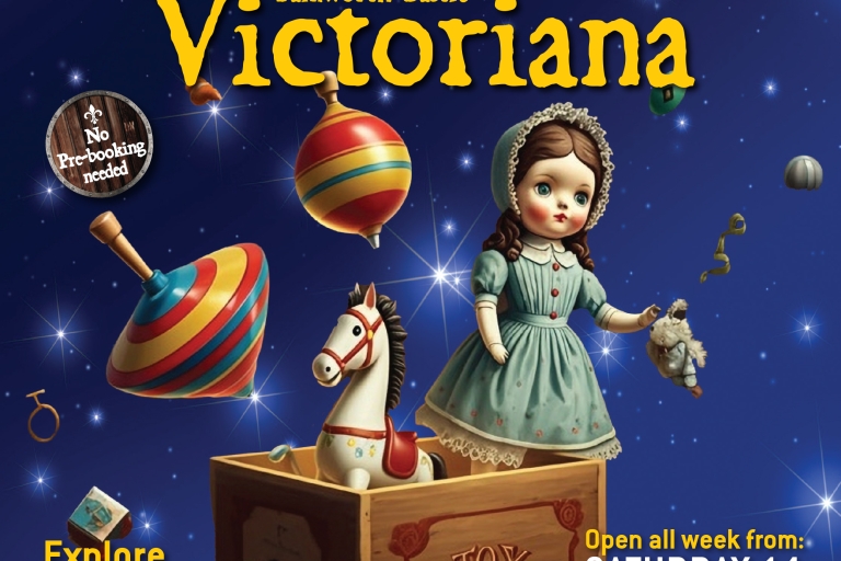 poster with blue background with Victorian toys