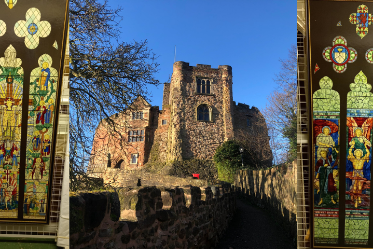A picture of the front of Tamworth Castle with two images of stained glass either side