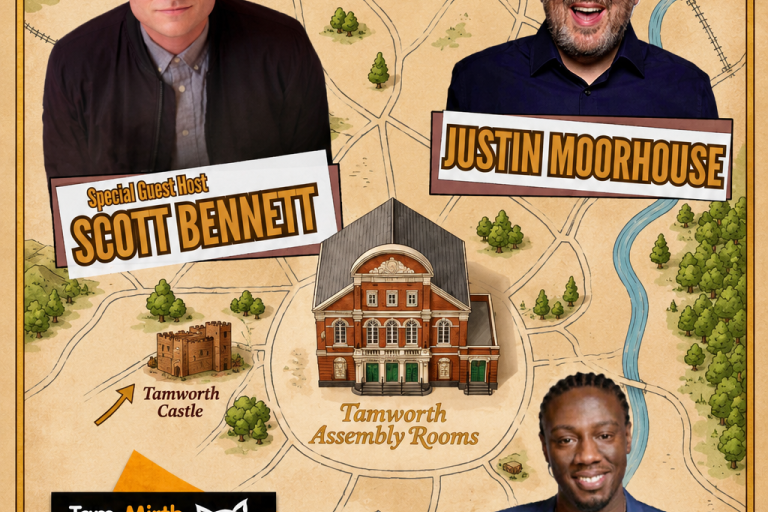 poster with beige background and 3 images of male comedians