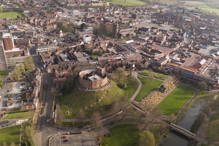 image of a birds eye view of a town centre with a castle