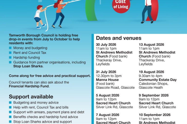 blue poster with drawings of 3 people and a list of dates and event times