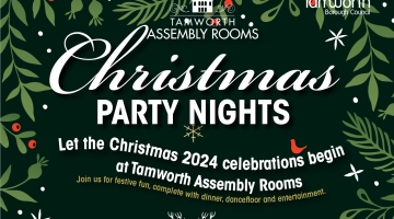 Poster with black background and green holly leaves around the edge. Wording in white letters 'Christmas Party Nights'. 