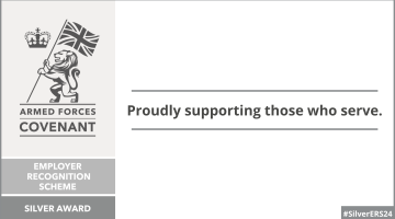 Armed Forces Covenant Silver Award logo, next to text 'proudly supporting those who serve'