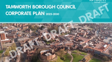 Aerial shot of Tamworth, a teal background, stating the corporate plan as a draft