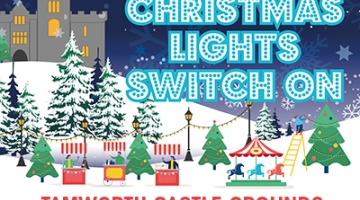 graphic of drawing of a castle, snowy hills, snow of Christmas trees, and fairground ride, stalls and wording saying 'Christmas lights switch on'