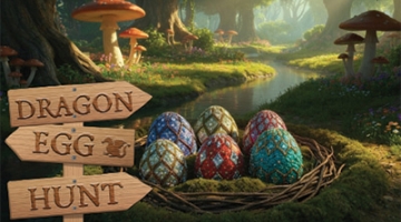 graphic of a forest with eggs in a nest and a sign saying dragon egg hunt