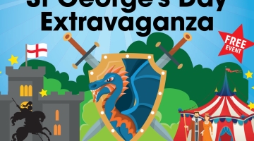 poster showing a shield, castle, black knight on a horse and a red and white stripped tent