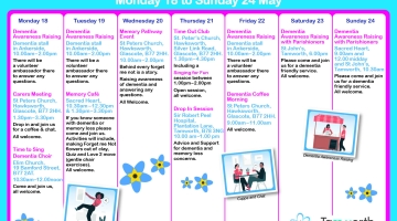 calendar stating events happening for a dementia action week. Colours light blue teal and pink and black lettering